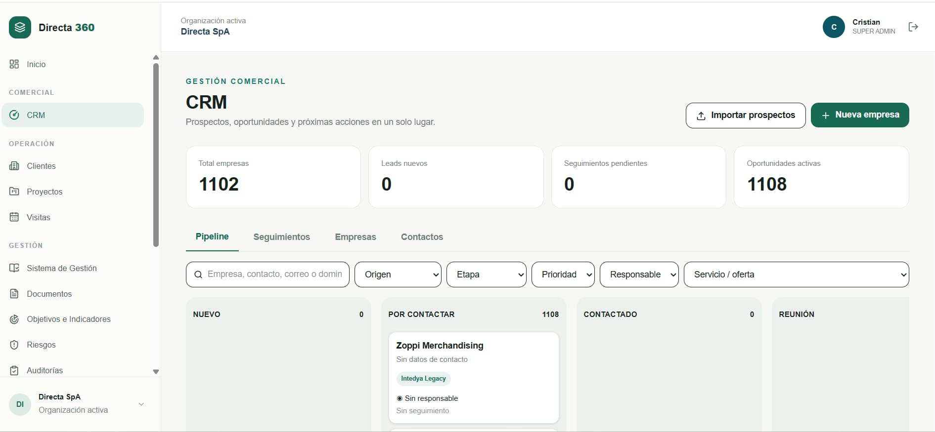 Directa360 CRM view